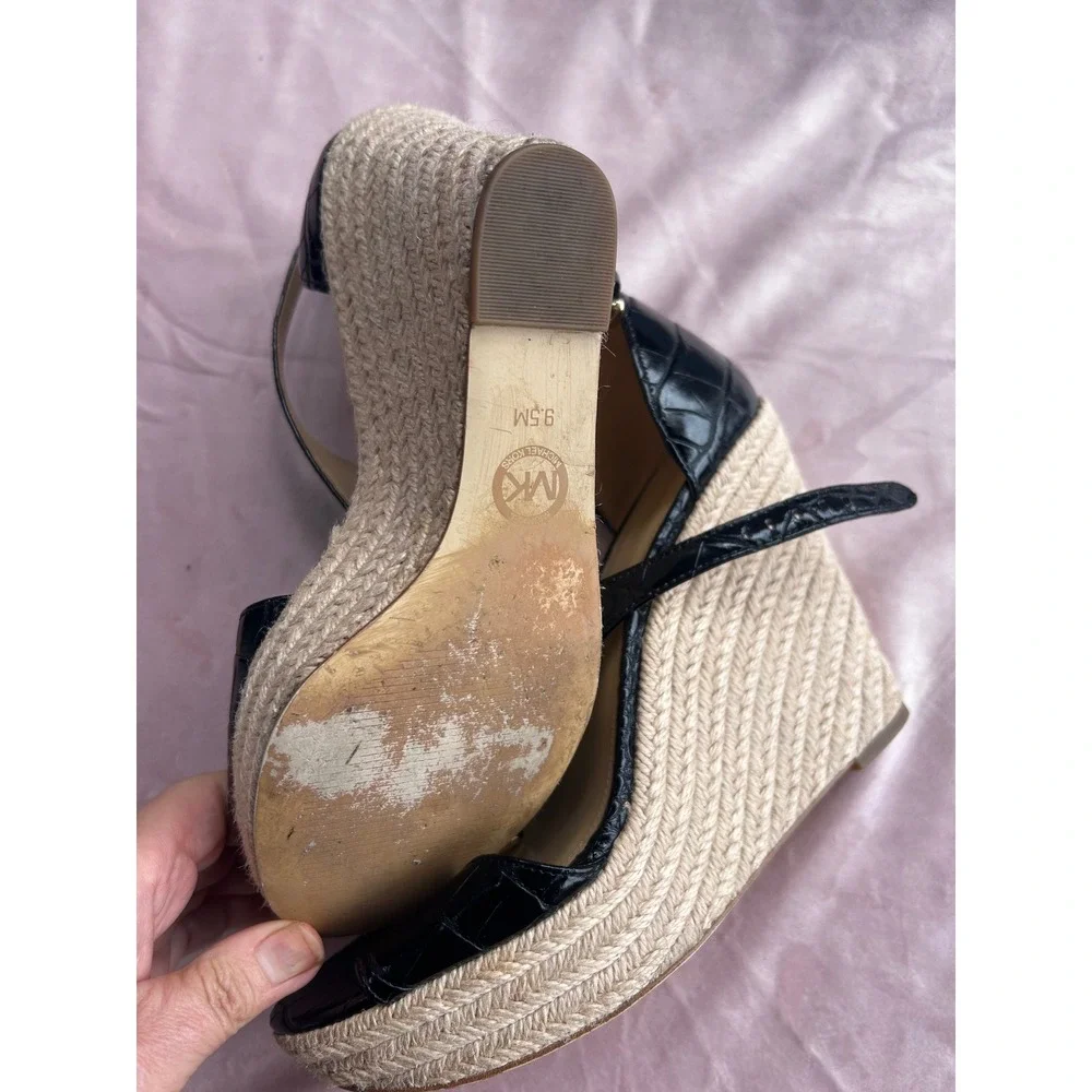 Michael Kors Espadrille Wedge Women's Size 9.5 Black Good Croc-Embossed T-Strap